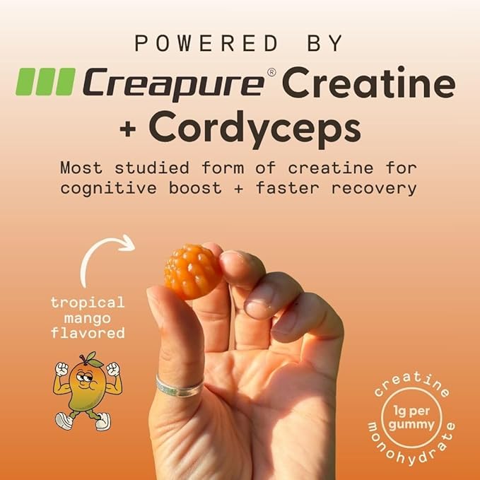 SuperMush Daily Creatine Gummies with Cordyceps - Daily Superfood - Sugar Free Creatine Monohydrate Supplement for Strength, Focus, and Recovery – Vegan Gummy Formula, Mango Flavor, 20-Day Supply