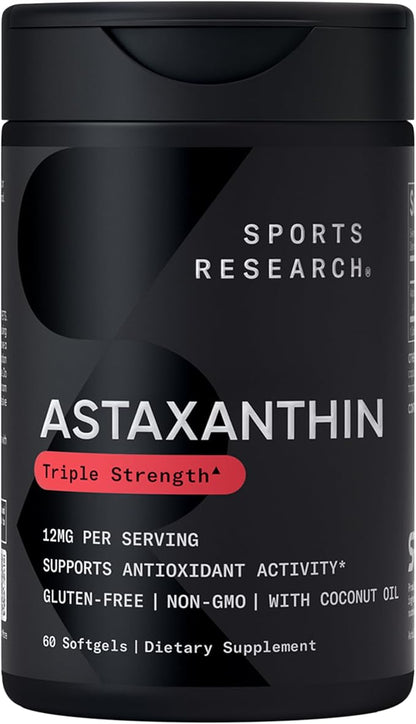 Sports Research® Triple Strength Astaxanthin 12mg w/Organic Coconut Oil - Antioxidant Supplement for Skin & Eye Health Support* - Soy Free · Non-GMO · Gluten Free - 60 Softgels