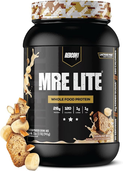 REDCON1 MRE LITE Whole Food Protein Powder, Banana Nut Bread - Lactose Free & Sugar Free Meal Replacement with Animal Protein Blends - Easy to Digest Formula - Only 1g Carb per Serving (30 Servings)