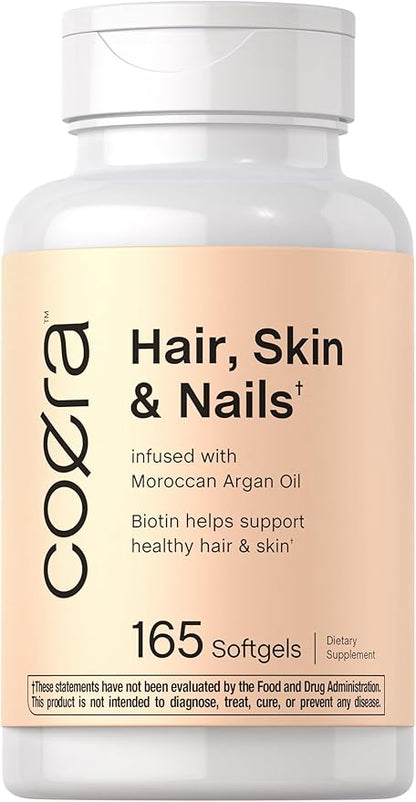 Coera Hair, Skin and Nails Vitamins with Collagen, Biotin & Moroccan Argan Oil | 165 Softgels | Non-GMO & Gluten Free Supplement for Men and Women