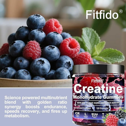 Creatine Monohydrate Gummies Complex 8000mg for Men and Women, Containing L-carnitine & Taurine, Build Muscle, Boost Energy, Faster Recovery, Sugar Free & Vegan, Raspberry & Blackberry, 120 Count