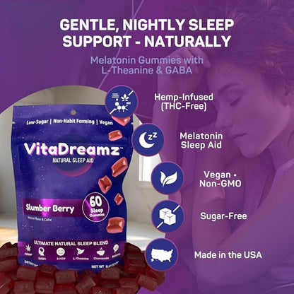 Premium Melatonin Sleep Gummies | Advanced Nighttime Blend with GABA, L-Theanine & Chamomile | Slumber Berry Vegan Gummies for Calm Relaxation & Restful Sleep | 60 Count