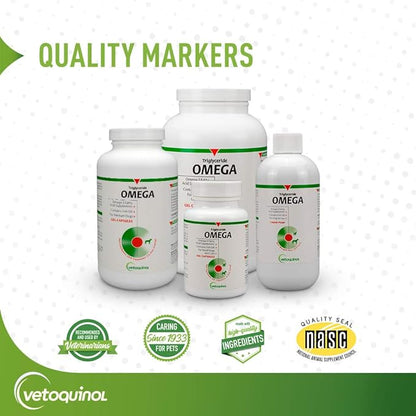 Vetoquinol Triglyceride Omega - Fish Oil for Dogs & Cats - Supports Healthy Skin, Coat & Normal Immune Response - Supplement with Vitamin Blend for Heart, Eye, Bone & Muscle Support - 250 Capsules