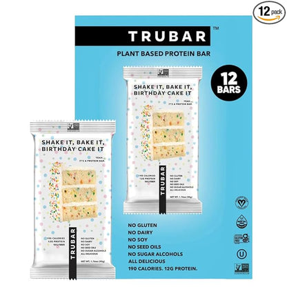TRUBAR Vegan Protein Bar, Shake it Bake it Birthday Cake it, Gluten Free, Plant Based Protein, Dairy Free, Non GMO, Soy Free, No Sugar Alcohols, 12G Protein, 12G Fiber, 23G Carb, Snack Bars, 12ct