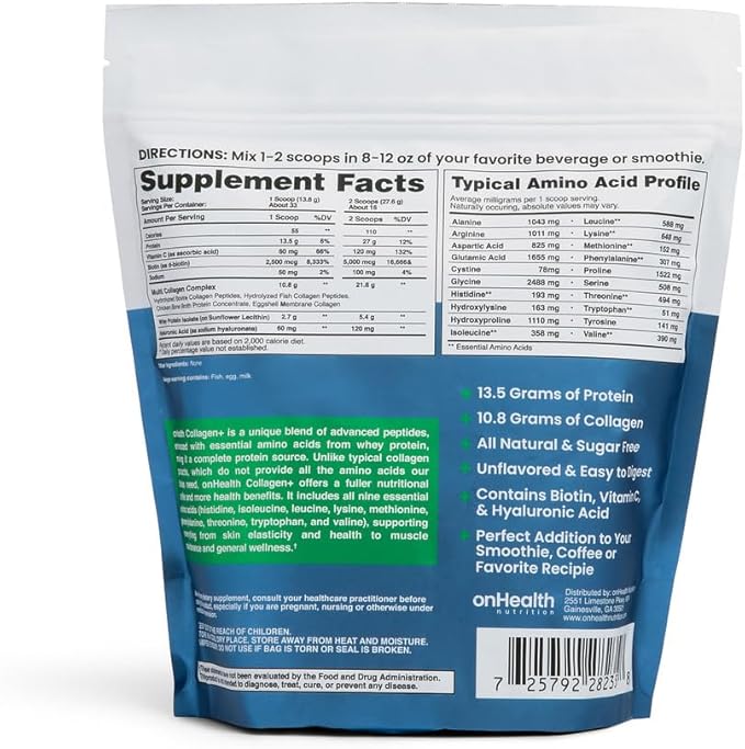onHealth Multi Collagen Peptide Powder Types I, II, III, V & X Complete Protein with All 9 Essential Amino Acids Biotin, Hyaluronic Acid & Vitamin C Unflavored, Easy‑Mix Collagen for Women & Men