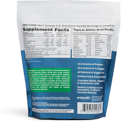 onHealth Multi Collagen Peptide Powder Types I, II, III, V & X Complete Protein with All 9 Essential Amino Acids Biotin, Hyaluronic Acid & Vitamin C Unflavored, Easy‑Mix Collagen for Women & Men