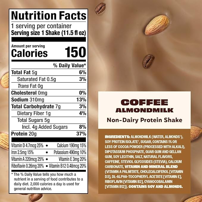 Premier Protein Non-Dairy Plant Based Almondmilk Protein Shake, Coffee with Caffeine for Energy – 20g Protein, 5g Sugar, 11.5 Fl oz, 12 Count