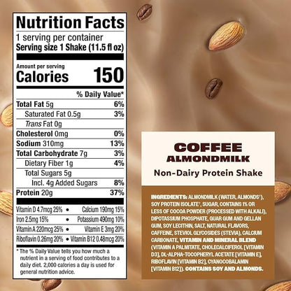 Premier Protein Non-Dairy Plant Based Almondmilk Protein Shake, Coffee with Caffeine for Energy – 20g Protein, 5g Sugar, 11.5 Fl oz, 12 Count