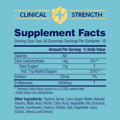 AZO D Mannose Urinary Tract Health Gummies, 40 Count, Clinical Strength 2000mg, Helps Cleanse, Flush & Protect, No.1 Pharmacist Recommended Brand, Vegan Tangy Citrus Blast Flavor, Non-GMO, Gluten Free