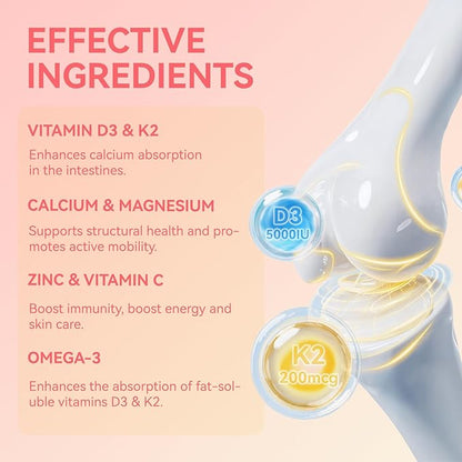 Vitamin D3 K2 Gummies for Adults - Vitamin D3 5000IU + K2 (MK-7) 200mcg, with Calcium Citrate, Magnesium Citrate, Omega-3 for Bone, Muscle, Teeth Immune - 60 Gummies