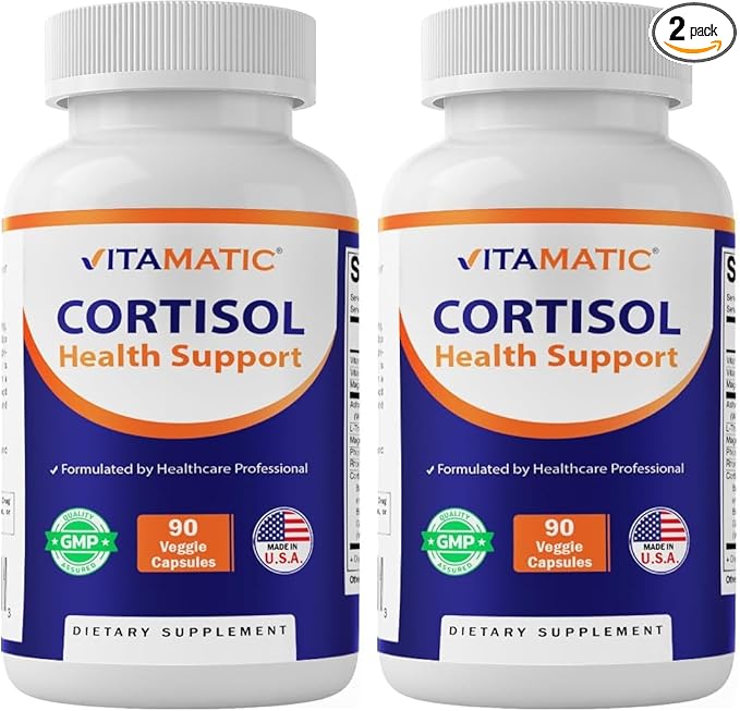 Vitamatic Cortisol Health Support - 90 Veggie Capsules - Made with Adaptogenic Blend with Ashwagandha, Rhodiola, Magnolia, L-Theanine, Phosphatidylserine (Pack of 2)