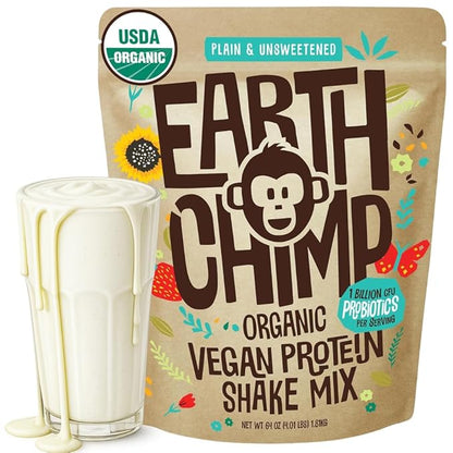 EarthChimp Organic Vegan Protein Powder - with Probiotics - Non GMO, Dairy Free, Non Whey, Plant Based Protein Powder for Women and Men, Gluten Free - 52 Servings, 64 Oz (Plain & Unsweetened)