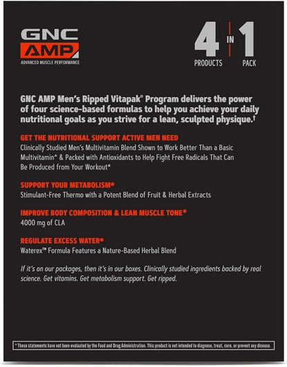 GNC Men's Ripped Clinically Studied Multivitamin Blend, Lean Muscle Support, Non-Stimulant Formula, 30 Servings