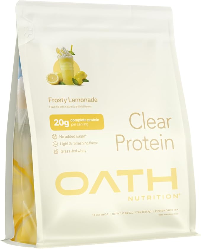 Oath Nutrition Clear Whey Isolate Protein Powder, Frosty Lemonade, 20g Complete Protein per Serving, No Added Sugar, Grass-Fed, 18 Servings