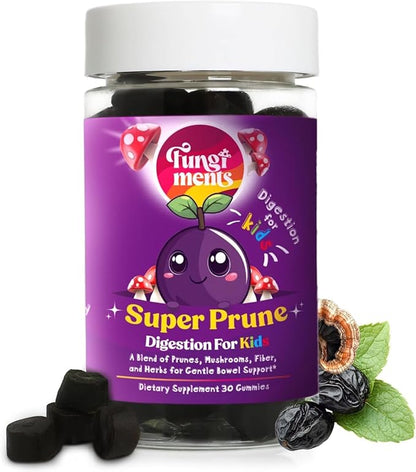 Fungiments Super Prune Kids – Constipation Relief & Digestive Support, Turkey Tail Mushrooms, Prebiotic Fiber, Rhubarb, Ginger & Chamomile – Gut Health, Debloating & Regularity (30 Gummies (Kids))