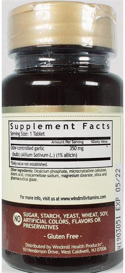 Windmill Garlic 350 mg Tablets Natural Odor-Controlled 100 Tablets (Pack of 2)