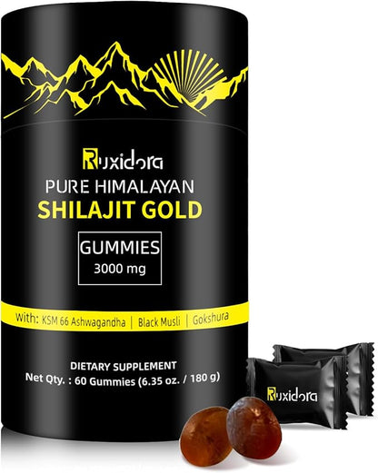 Shilajit Gummies,Pure Shilaljit Gummies,No Added Sugar,Non-GMO,Natural Organic,Ashwagandha, Gokshura | Fulvic Acid & 85+ Trace Minerals for Men- 60 Gummies(Individually Wrapped)