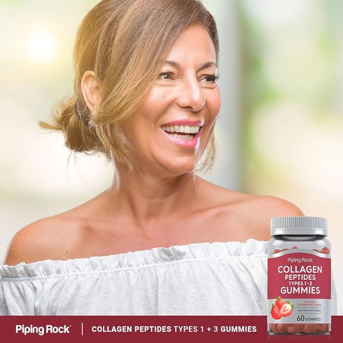 Piping Rock Collagen Gummies | 60 Count | Collagen Peptides Type 1 and 3 | Strawberry Flavor | Bovine Supplement | Non-GMO, Gluten Free