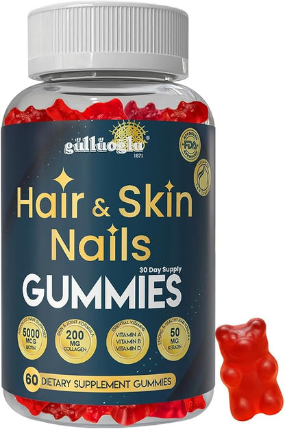 SINCE 1871 GÜLLÜOGLU Hair, Skin & Nails Gummies – Biotin 5000 mcg, Collagen 200 mg & Keratin 50 mg – with MSM, Bamboo & Vitamins A, C, D, E – Gluten-Free, Non-GMO, 60 Berry Gummies