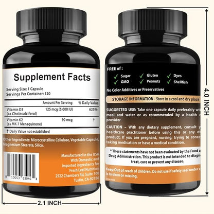 VITBOOST Vitamin D3 K2 Complex - Easy to Swallow - Vitamin D (D3) 5000 IU (125 mcg) & K2(MK-7) 90 mcg | Non-GMO | Gluten-Free | USA Made | 120 Capsules