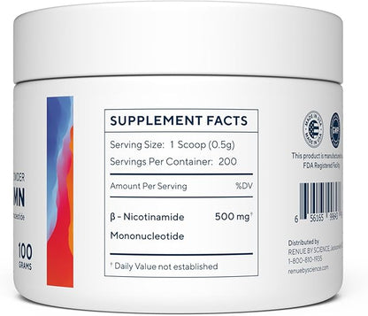 Renue By Science NMN Powder | 100g Fast Dissolve Powder Supplement | 500mg Nicotinamide Mononucleotide per Serving | Manufactured in the USA Third-Party Tested