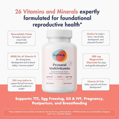 FullWell Women's Prenatal Multivitamin with Lemon Essence - Healthy Pregnancy Support - Contains Choline & Folate - Supports Fetal Growth & Brain Development* - 240 Count (30 Servings)