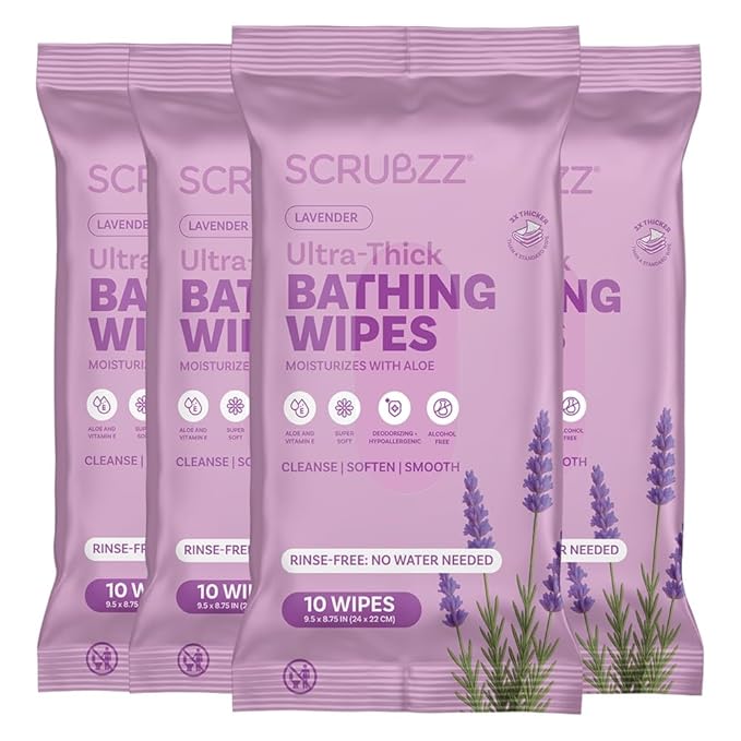 Extra Large Bath Wipes for Adults Bathing No Rinse - 40 Disposable Body Cleansing Wipes for Men, Women & Elderly - Great for Gym, Camping, Post Surgery - Shower Wipes - Lavender