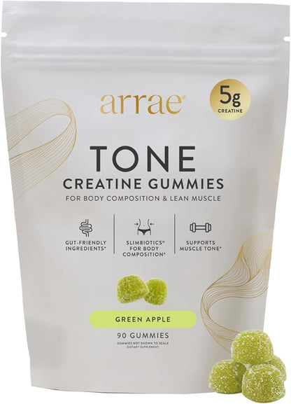 Arrae Tone Gummies – Creatine Monohydrate 5g for Women – Support Lean Muscle, Strength & Recovery – Sour Green Apple Flavor – 90 Count