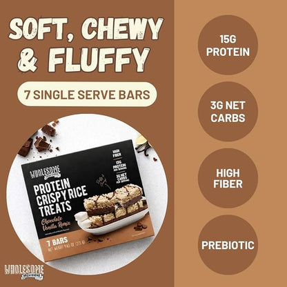 Protein Crispy Rice Treats, 15g Protein, 3g-7g Net Carbs, Low Carb, Fluffy, Soft, Chewy, Gluten Free, High Fiber, Keto-Friendly, No Aftertaste (Chocolate Vanilla Remix, 1 Pack)