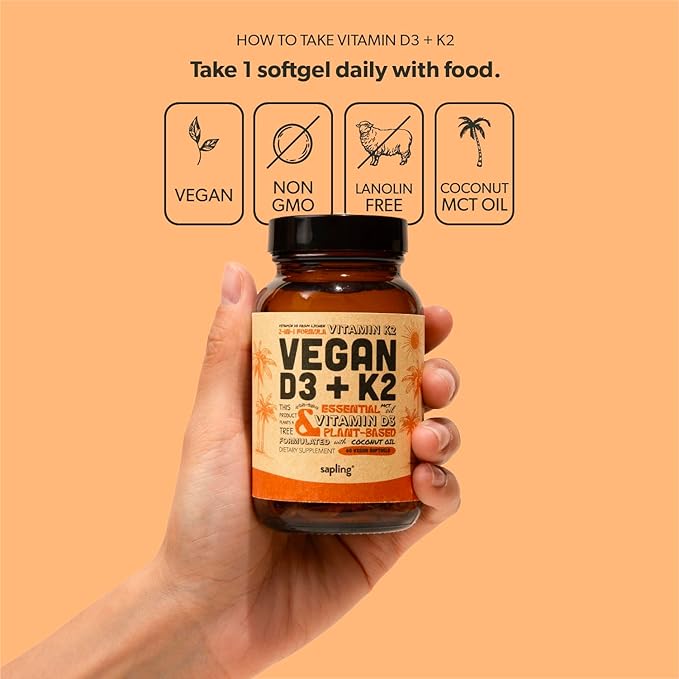 sapling Vegan Vitamin D3 + K2 Supplement with MCT Oil from Coconut - 4000 IU Vitamin D and 100mcg Vitamin K2 as Mk7 - Calcium Absorption, Bone Strength, and Immune Health Support* - 60 Softgels