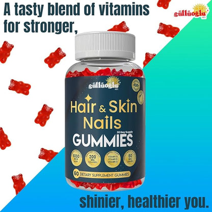 SINCE 1871 GÜLLÜOGLU Hair, Skin & Nails Gummies – Biotin 5000 mcg, Collagen 200 mg & Keratin 50 mg – with MSM, Bamboo & Vitamins A, C, D, E – Gluten-Free, Non-GMO, 60 Berry Gummies