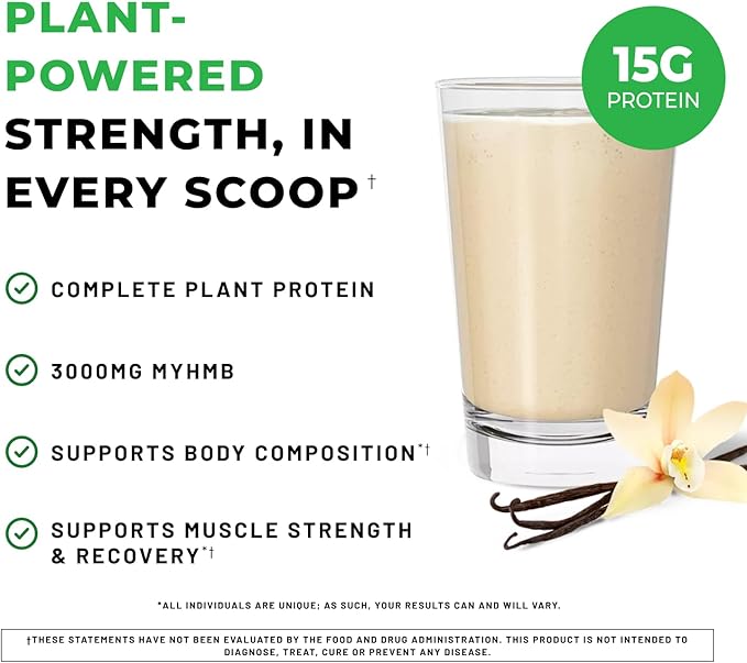 POWERLIFE High Impact Plant Protein Powder with 3000 MG of HMB, Plant-Based, No Sugar Added, Vegan, Keto Friendly, Non-GMO (Vanilla - New Formula)