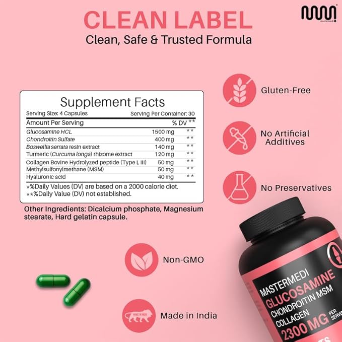 mastermedi Glucosamine Chondroitin MSM Collagen Capsules – 2300mg Joint Support Formula – with Turmeric, Boswellia, Hyaluronic Acid – Mobility & Flexibility Support – 120 Capsules, 30-Day Supply