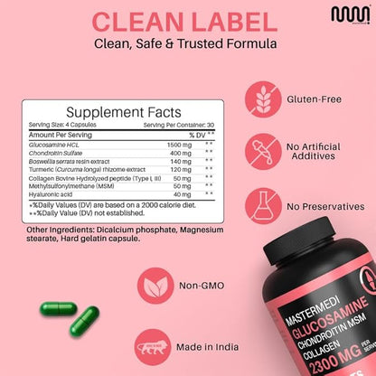 mastermedi Glucosamine Chondroitin MSM Collagen Capsules – 2300mg Joint Support Formula – with Turmeric, Boswellia, Hyaluronic Acid – Mobility & Flexibility Support – 120 Capsules, 30-Day Supply