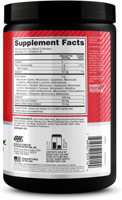Optimum Nutrition Amino Energy - Pre Workout with Green Tea, BCAA, Amino Acids, Keto Friendly, Green Coffee Extract, Energy Powder - Juicy Strawberry Burst, 9.5 Ounce, 30 Servings (Packaging May Vary)