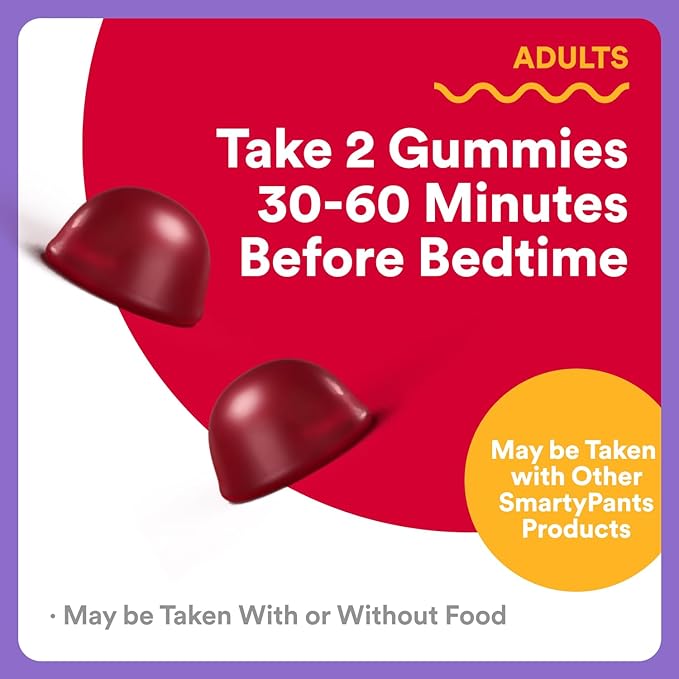 SmartyPants Adult Sleep Gummies with Melatonin: Magnesium & L-Theanine, Drug-Free, Non-Habit Forming Sleep Aid, Fast-Acting, Blueberry BlackBerry Flavor, 60 Count