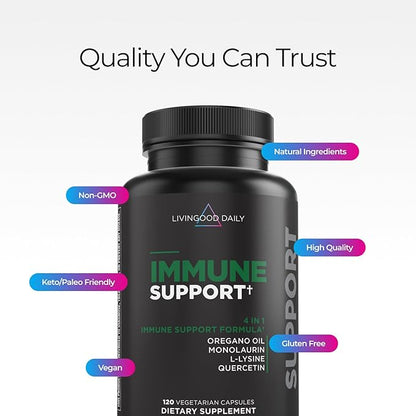 Livingood Daily Immune Support Supplement, 4-in-1 Formula with Oregano Oil, Monolaurin, L Lysine & Quercetin, Gut & Digestive Health, Gluten Free, Vegan, Non GMO, Allergen Free, 120 Capsules