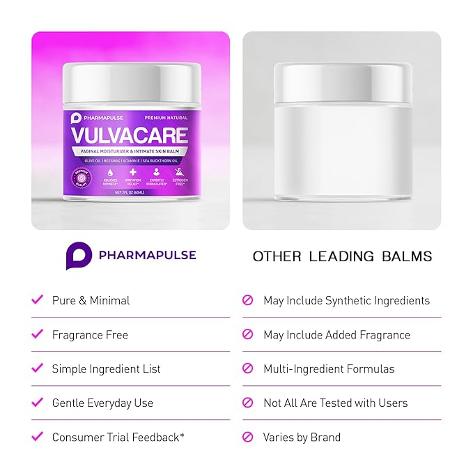 Pharmapulse Vaginal Moisturizer, Vulva Balm Cream, Intimate Skin Care, Menopause Support - Relieves Dryness, Itching, Burning, Redness, Chafing, Odor, Irritation - Estrogen Free 2oz