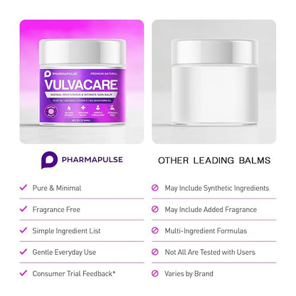 Pharmapulse Vaginal Moisturizer, Vulva Balm Cream, Intimate Skin Care, Menopause Support - Relieves Dryness, Itching, Burning, Redness, Chafing, Odor, Irritation - Estrogen Free 2oz