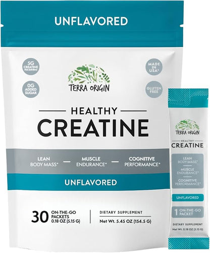 TERRA ORIGIN Healthy Creatine Micronized Monohydrate Powder | 30 Stick Packs | Support for Muscle and Cognitive Performance* | Supplement for Women and Men | Unflavored, Gluten Free, Zero Sugar