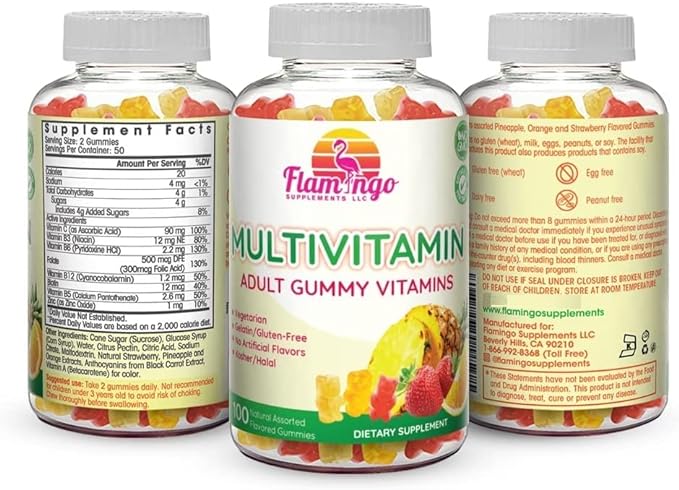 Flamingo Supplements Multivitamin Gummies | Vegan Friendly, Kosher Halal NO Gluten or Gelatin, no GMO| for Men, Women & Kids| 3 Natural Flavors | Vitamins C, B3, B12, Biotin, Zinc & More| 100 Gummies