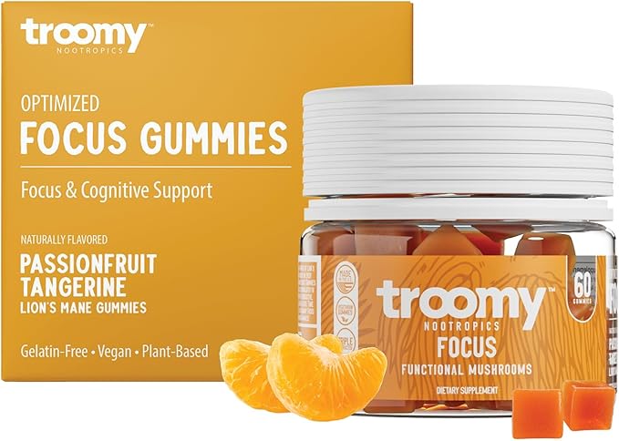 Troomy Lion's Mane Focus Gummies 60 Count - Natural Tangerine and Passionfruit Flavor, Gelatin-Free, Gluten-Free, Vegetarian