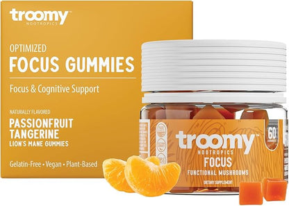 Troomy Lion's Mane Focus Gummies 60 Count - Natural Tangerine and Passionfruit Flavor, Gelatin-Free, Gluten-Free, Vegetarian