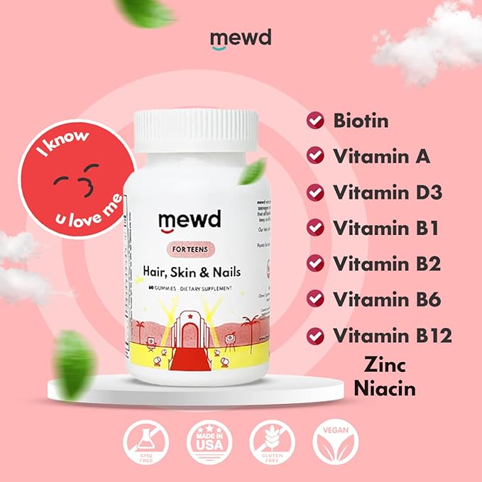 MEWD Teen and Kids Hair, Skin & Nails Support Multivitamin Gummies - Biotin Strength & Growth with Zinc, Vitamins A, D3, B1, B2, B6 & B12 - Gluten-Free, Non-GMO for Girls & Boys - 60 Count - USA Made