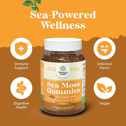 Sea Moss Gummies for Adults and Kids - Vegan Adult and Kids Immune Support Gummies with Burdock Bladderwrack Sea Moss Gel - Delicious Berry Flavor Supplement Men Women Children - 30 Count