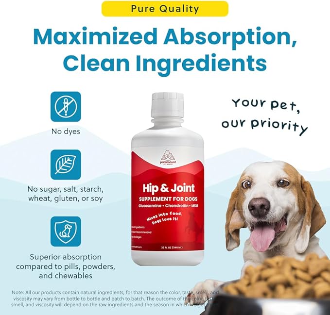 Paramount Pet Health Liquid Glucosamine for Dogs, 1600 mg Glucosamine for Dogs Hip & Joint Supplement, Ideal for Mobility & Comfort, Easy-to-Use Liquid MSM, Chondroitin, Made in USA, 32 oz