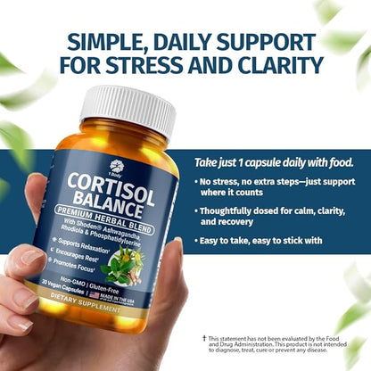 1 Body Cortisol Support for Women & Men – Ashwagandha, Phosphatidylserine & Saffron – Stress Relief, Calm Mood, Balanced Energy & Sleep Support – Vegan