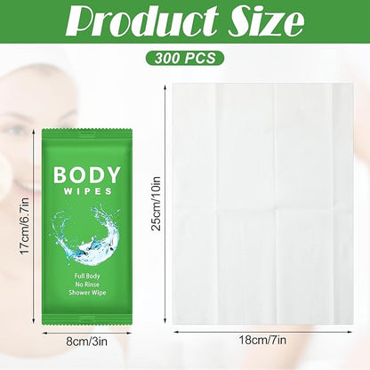 Treela 300 Pcs Large Body Wipes Bulk Deodorant Travel Size for Homeless Care Package Supplies Individually Wrapped Adults Bathing No Rinse Wet Wipes Men Women Hygiene Items(7.09" X 9.84",Green)