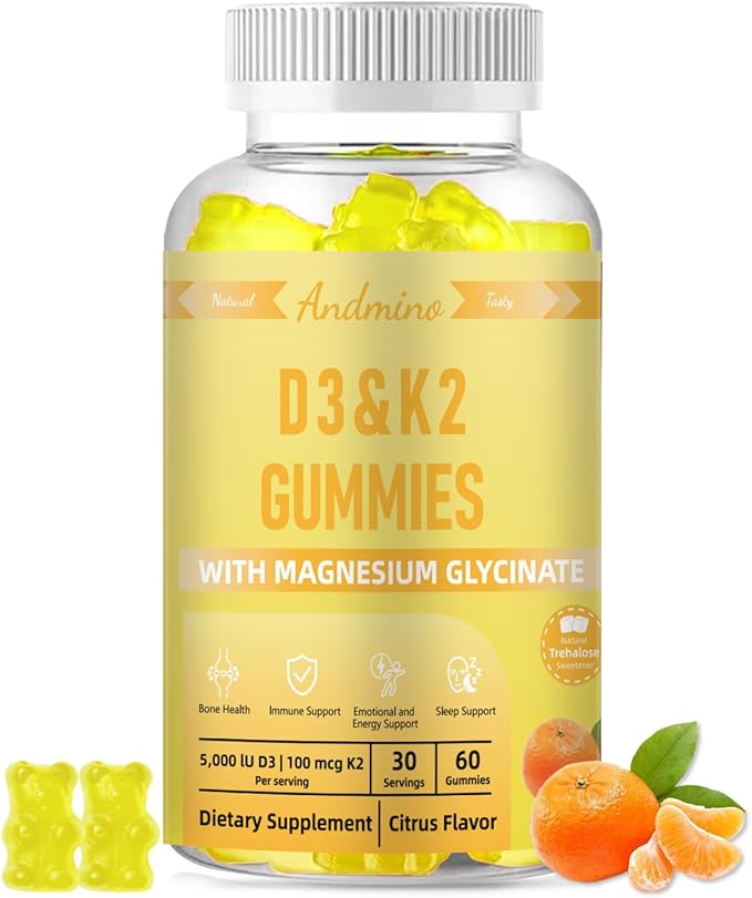 Vitamin D3 K2 Magnesium Gummies | 5000IU D3 + 100mcg K2 MK-7 + 150mg Magnesium Glycinate | for Bone, Immune & Sleep Support | Non-GMO, Vegan, Gluten Free | Citrus Flavor, 60 Count