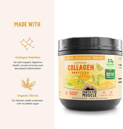 Earth Fed Muscle Lemonade Collagen Powder – Grass Fed Hydrolyzed Collagen for Women & Men - Healthy Bones, Skin & Hair - Types 1 & 3 Collagen Powder, 12g Per Serving, 33 Servings